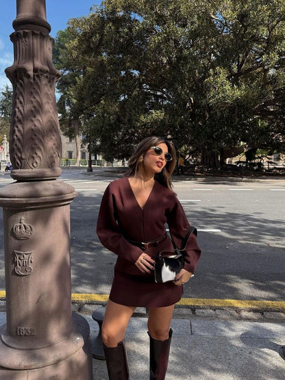 Knitted Vest Jacket & Short Skirt Coord Set