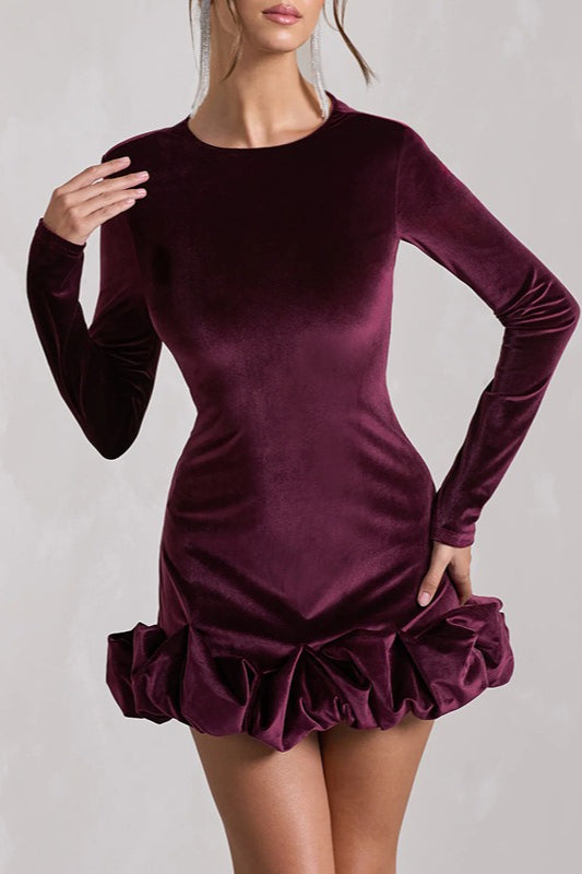 Velvet Crew Neck Ruched Long Sleeve Bubble Hem Mini Dress