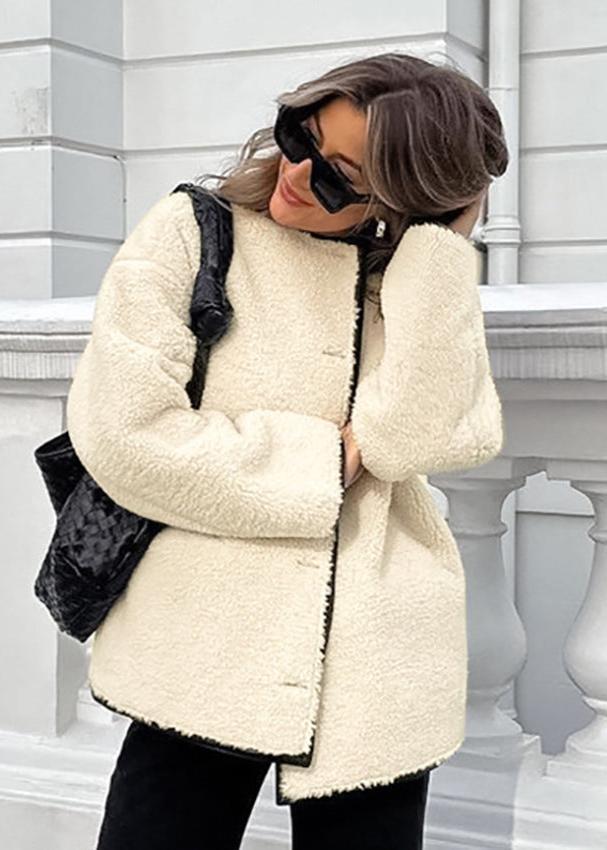 Beige Lambswool Patchwork Round Neck Coat
