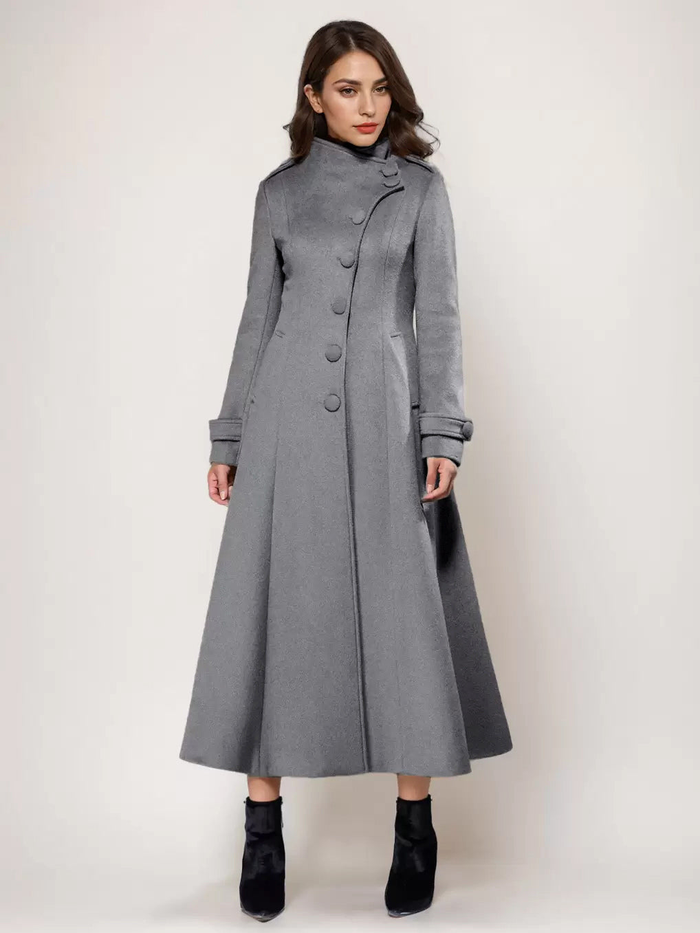 Wool Blend Long Coat A-line Flared Stand Collar Elegant Gray Vintage Winter Outerwear For Women 2026