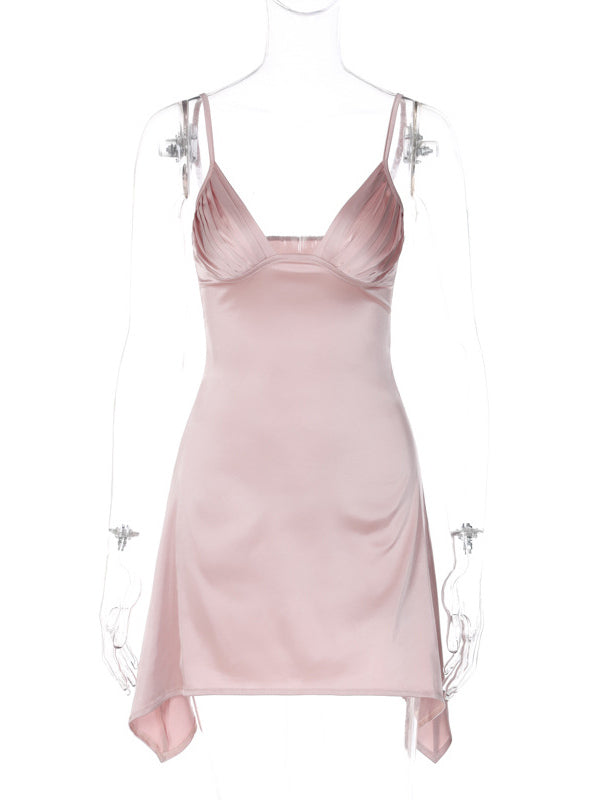 Summer Dress V-Neck Pleated Backless Pink Mini Length Beach Dress