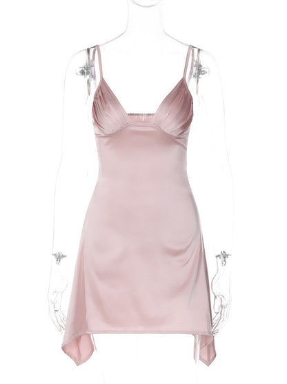 Summer Dress V-Neck Pleated Backless Pink Mini Length Beach Dress