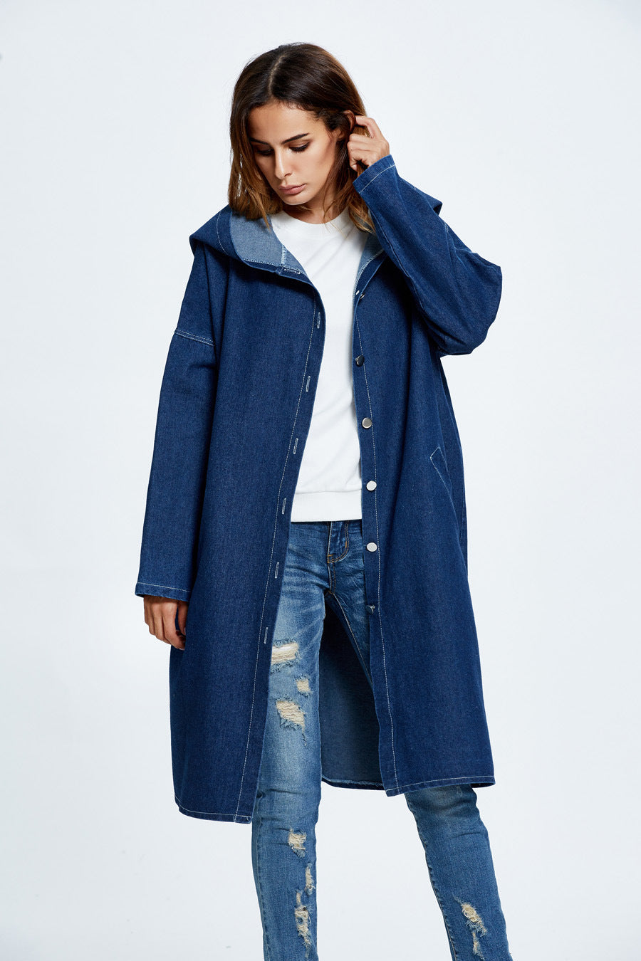Long Hooded Denim Coat