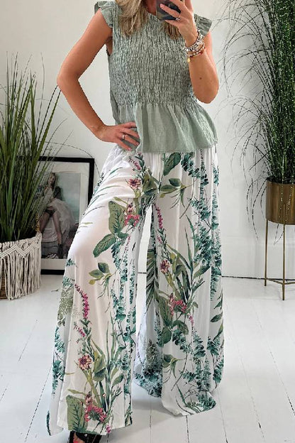 Summer Garden Botanical Print Smocked Waist Wide Leg Palazzo Pants