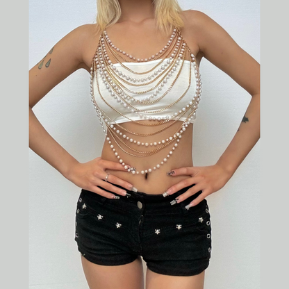 Halter metal chain beaded hollow out cut out top