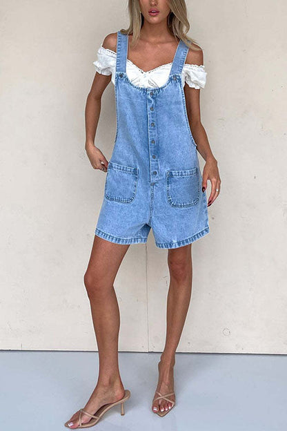 Button Up Pocketed Denim Romper