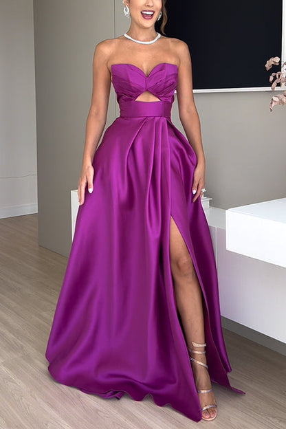 Strapless Lace-up High Slit Satin Maxi Party Dress