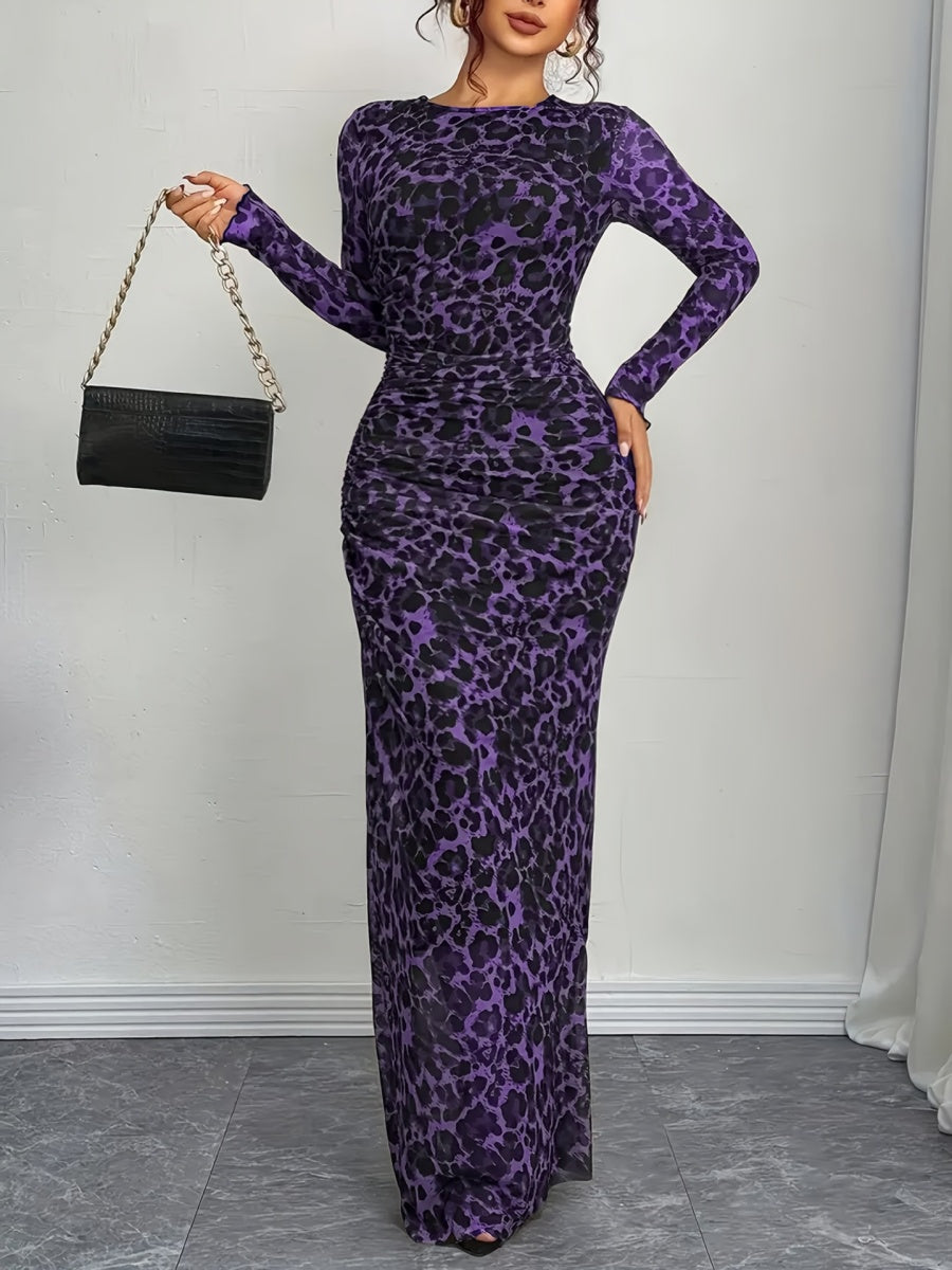 Leopard Mesh Printing Pleats Sexy Tight Fit Crew Neck Maxi Dresses