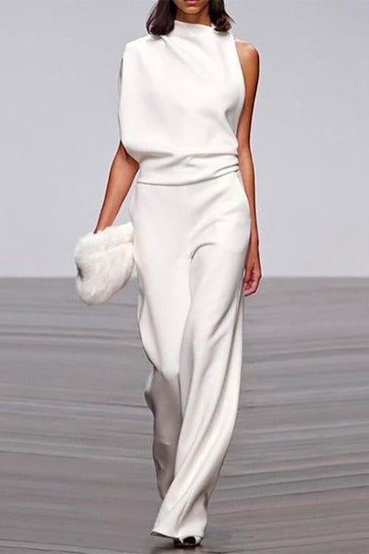 Solid One Shoulder Wide Leg Jumpsuit