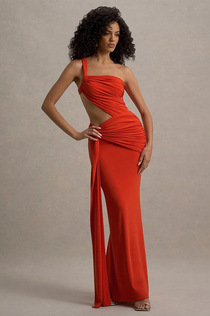 One Shoulder Ruched Backless Bodycon Maxi Dress