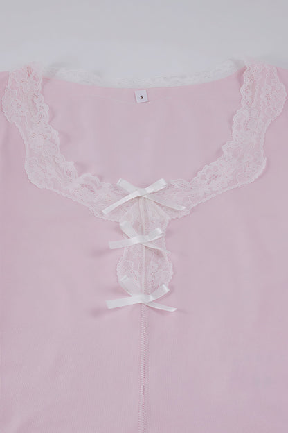 French Romantic Lace Bow Long Sleeve Culottes Set