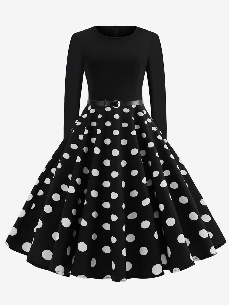 Vintage Polka Dot Swing Dress for Women - 1950s Rockabilly Long Sleeve Belted A-Line Midi Dress - Spring Retro Party 2026