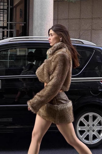 Furry Retro Crop Top Skirt Fox Fur Two Piece Set