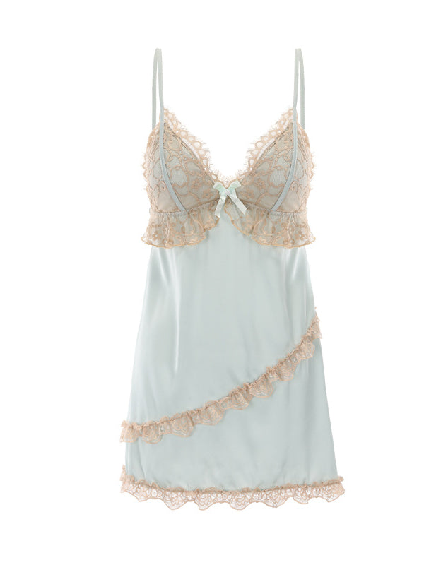 Satin & Lace Sleepwear Set with Robe Backless Padded Cami Dress