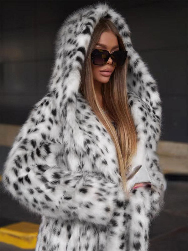 Hooded Faux Fur Coat Leopard Print Eco-friendly Winter Long Jacket 2026