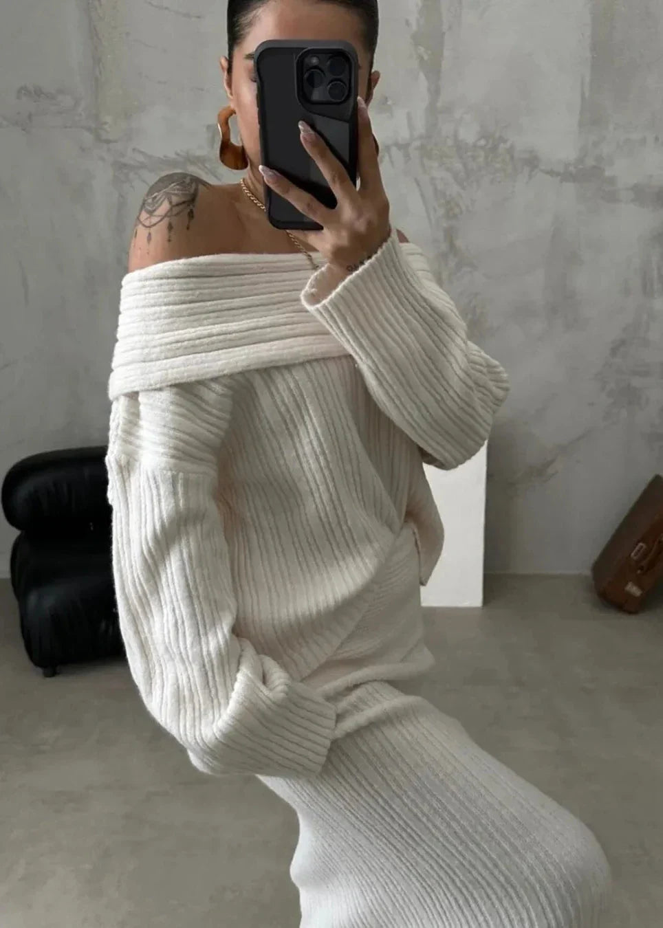 Luxe Comfort - Off-Shoulder Knit Two-Piece Set