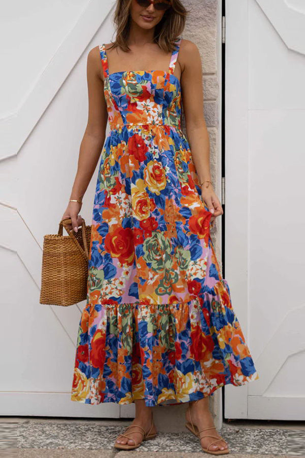 Style Lover Square Neck Adjustable Straps Floral Maxi Dress