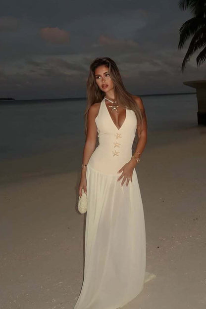 Tie Neck Deep V Bodycon Maxi Dress