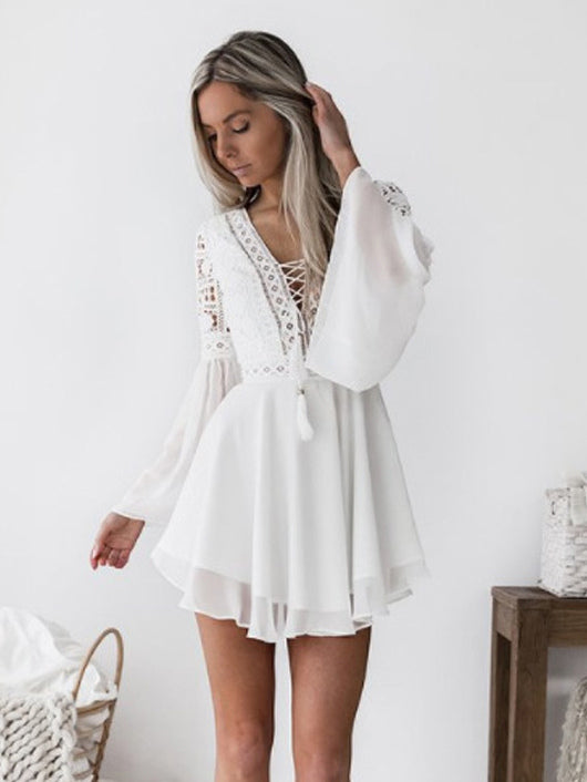 Boho Lace Mini Dress for Women - V Neck Bell Sleeve A Line Skater Dress - Spring Semi-formal Party Wear 2026