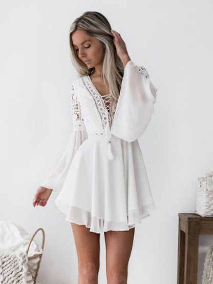 Boho Lace Mini Dress for Women - V Neck Bell Sleeve A Line Skater Dress - Spring Semi-formal Party Wear 2026