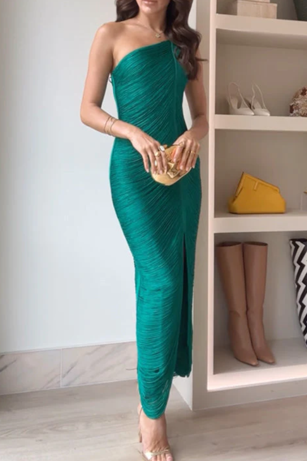 Draped Fringe Sleeveless One Shoulder Slit Fringe Maxi Party Dress