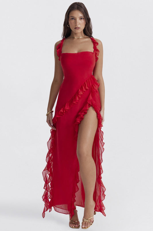 Square Neck Ruffle Slit Party Dress