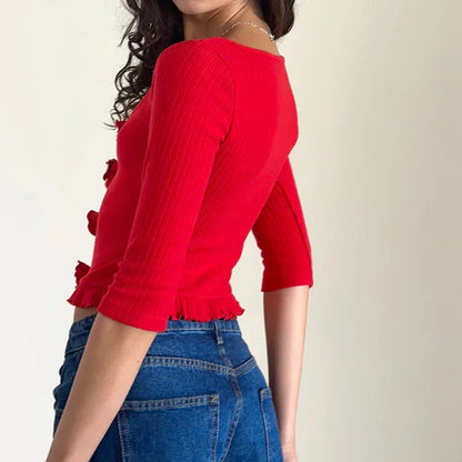 3D Rosette Front Hollow Out Vintage Half Sleeve Elegant Lady Slim Fit Y2K Crop Top