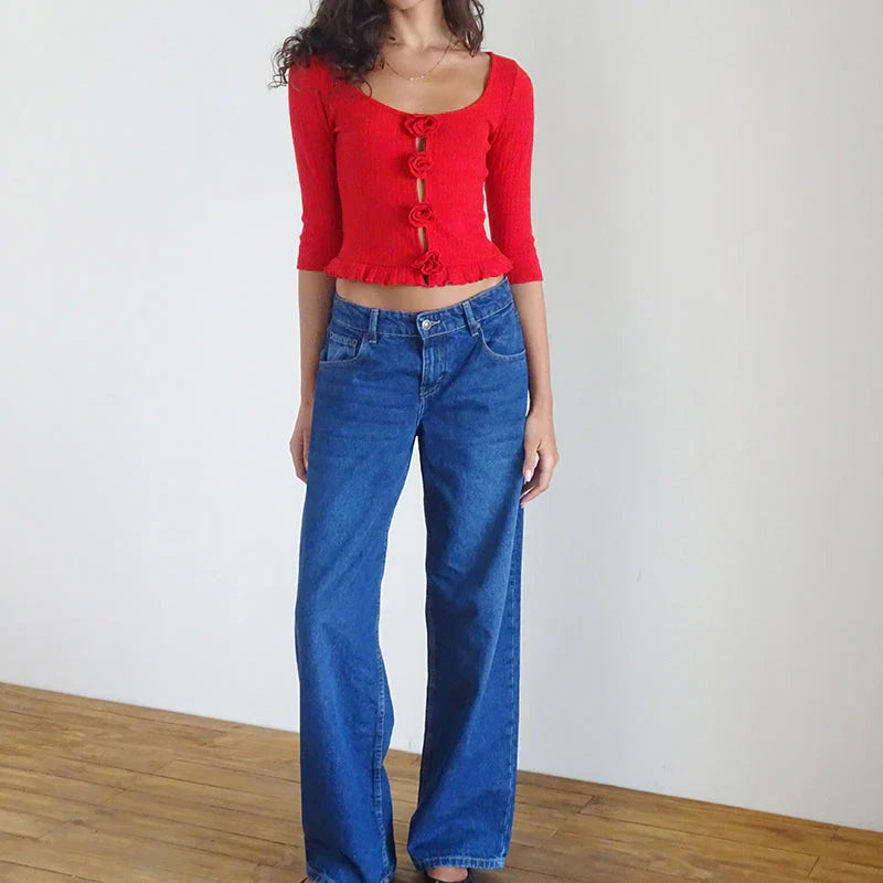 3D Rosette Front Hollow Out Vintage Half Sleeve Elegant Lady Slim Fit Y2K Crop Top