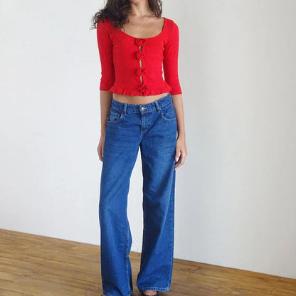 3D Rosette Front Hollow Out Vintage Half Sleeve Elegant Lady Slim Fit Y2K Crop Top