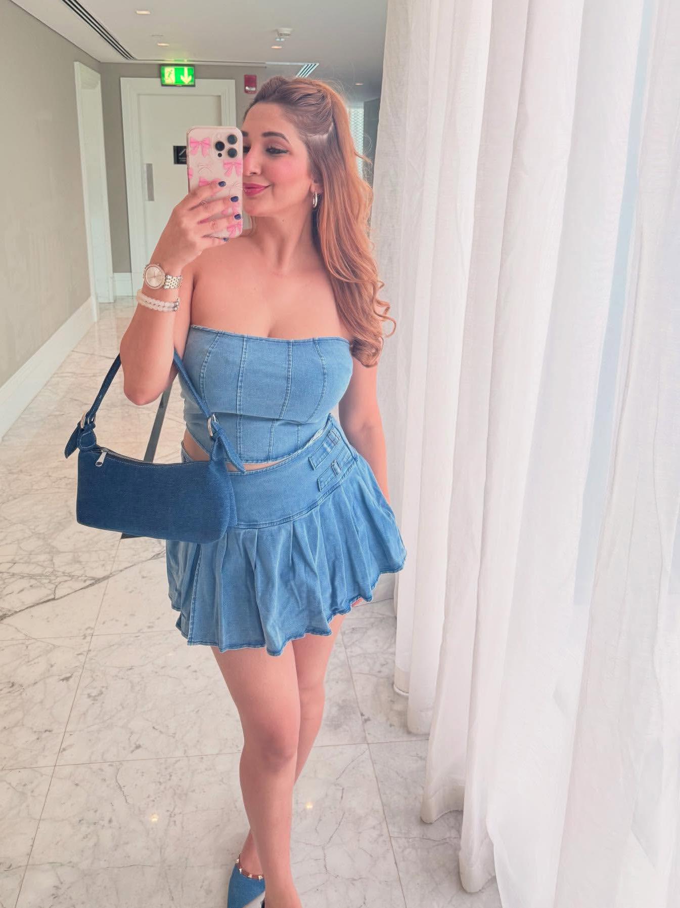 Crop Denim Tube Top & High Waist Split Skirt