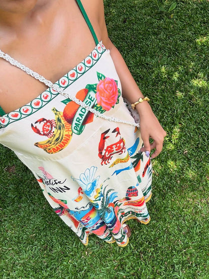 Paradise Graffiti Print Swing Sundress Beach Dress