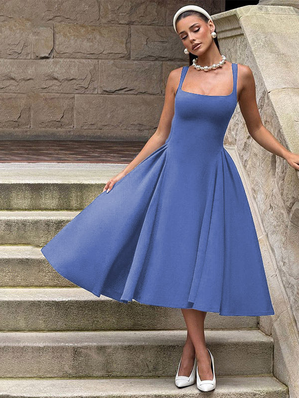 Square Neck Midi Dress For Women - Retro A-Line Pleated Dress - Spring Cocktail Party 2026