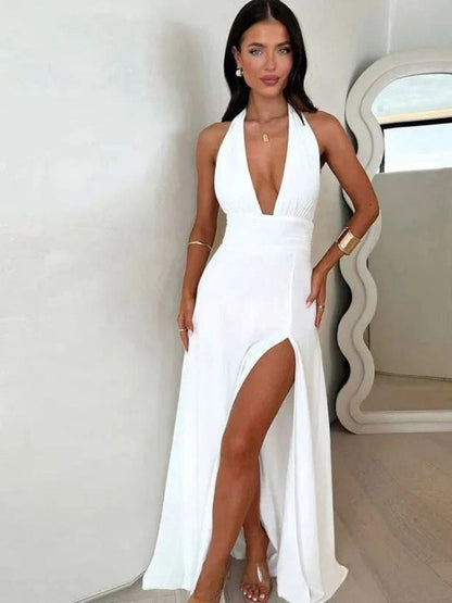 Halter Neck V-neck Slit Sleeveless Sexy Party Long Dress