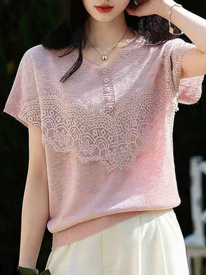 Brooke Vintage V-Neck Lace Panel Knitted Top