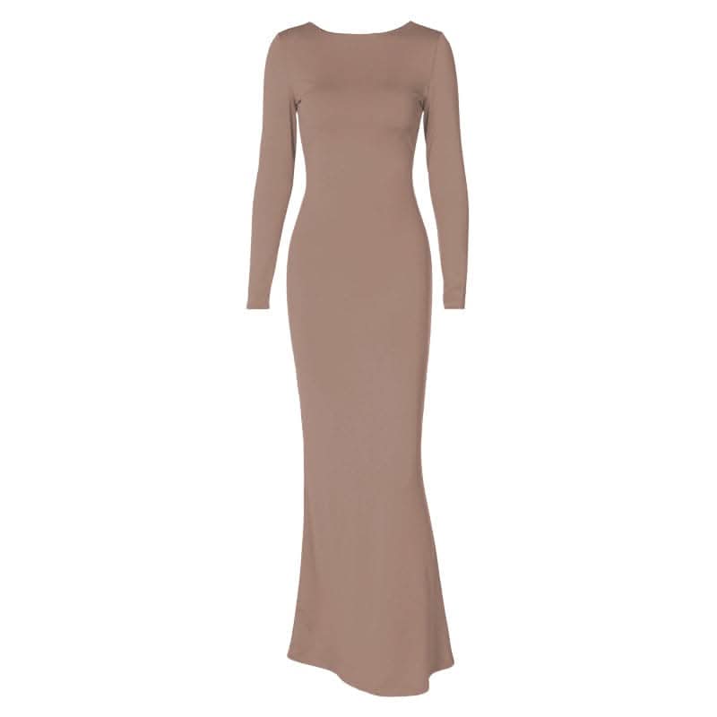 Long sleeve backless lace up ruched solid maxi dress-final-sale