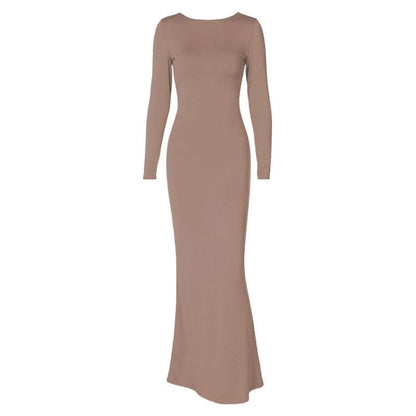 Long sleeve backless lace up ruched solid maxi dress-final-sale