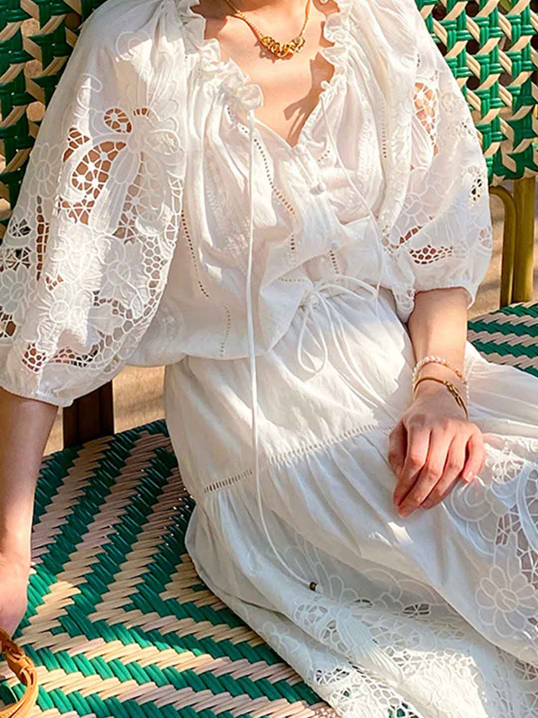 Bella Vacation Auricular Puff Sleeve Embroidered Top