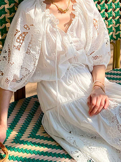 Bella Vacation Auricular Puff Sleeve Embroidered Top