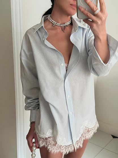 Stripe Lace Shirt & Wrap Skirt Set