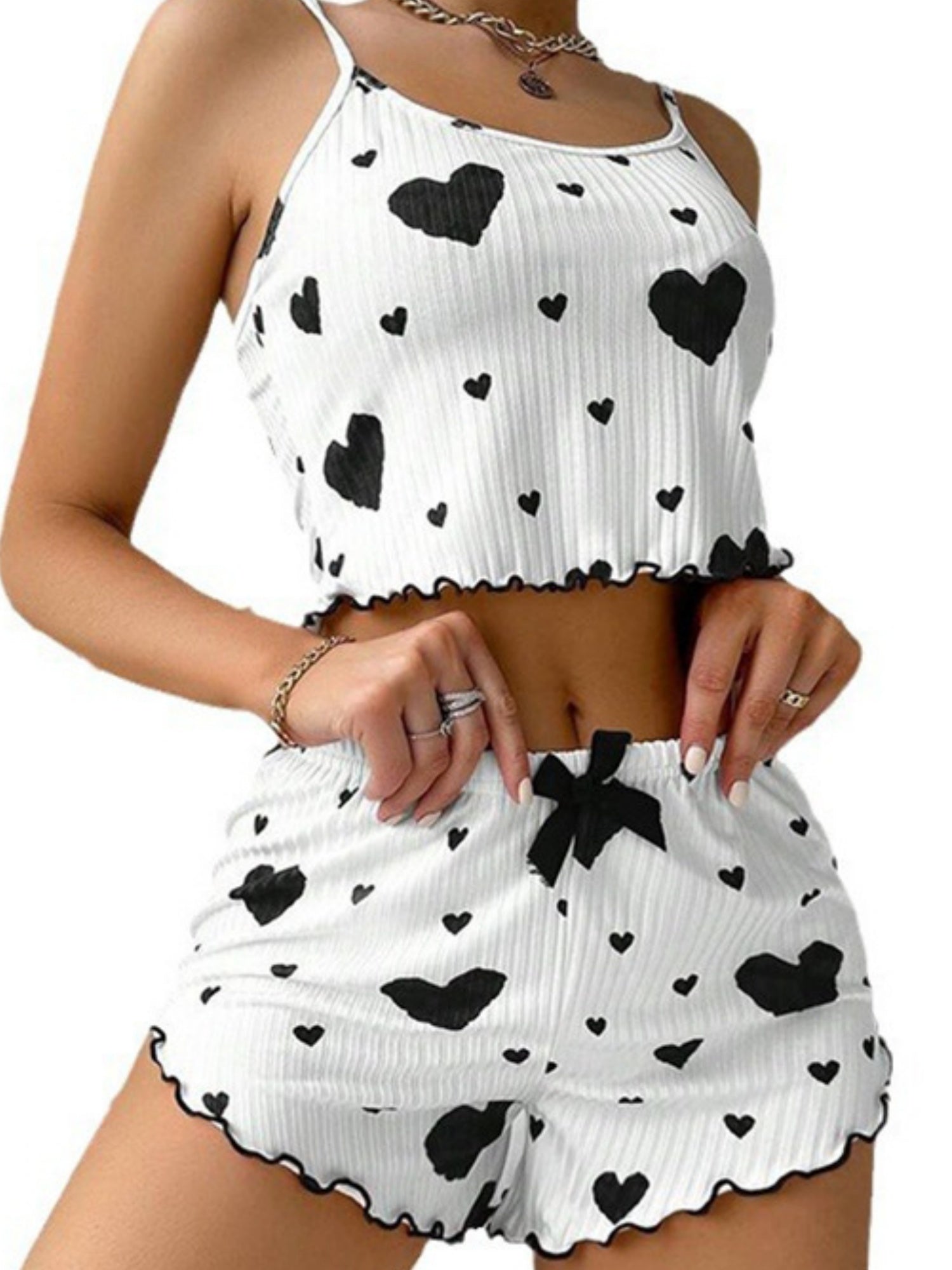 Heart Print Suspender Shorts Pajama Set