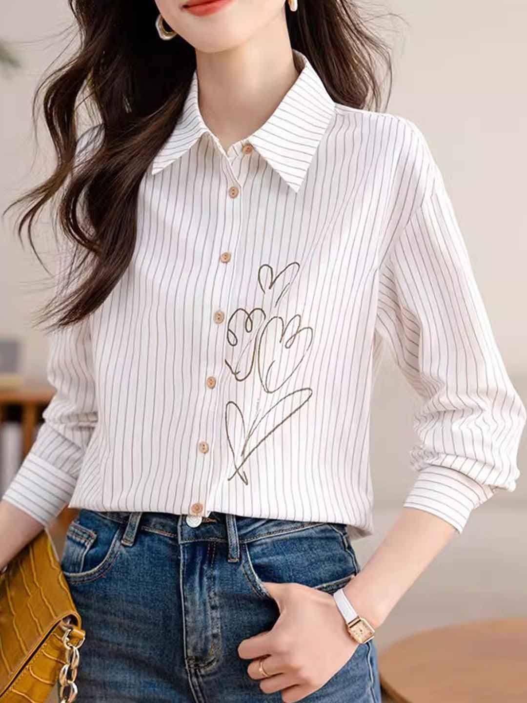 Brianna Slim Polo Collar Printed Striped Shirt