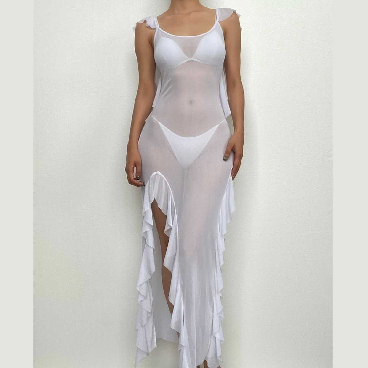 Sheer mesh see through backless ruffle slit cap sleeve maxi dress