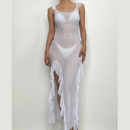 Sheer mesh see through backless ruffle slit cap sleeve maxi dress