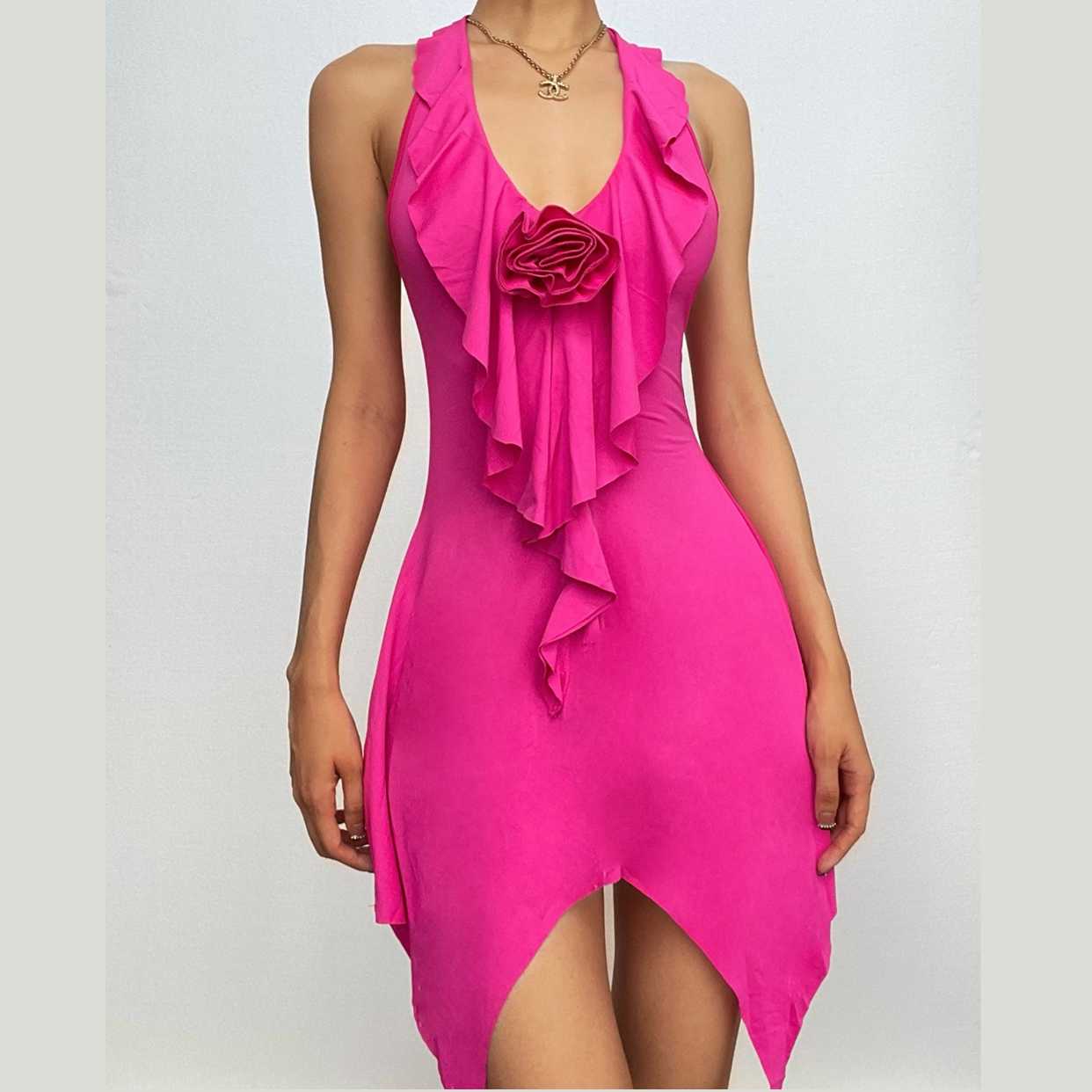 Halter flower applique backless ruffle u neck solid mini dress