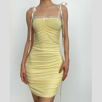 Ruched lace hem self tie square neck backless mini dress