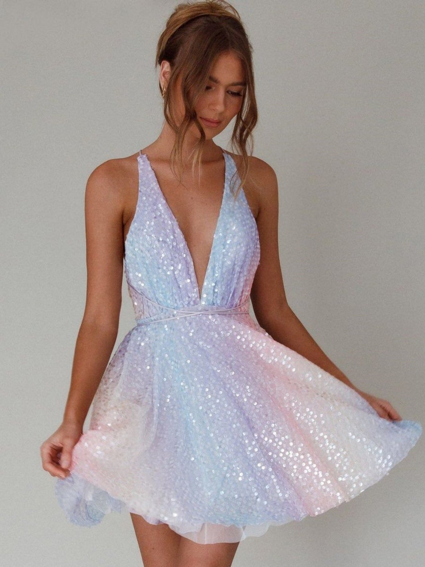 Sequins Bow Tie Deep V-neck Suspenders Backless Mini&Short Dresses