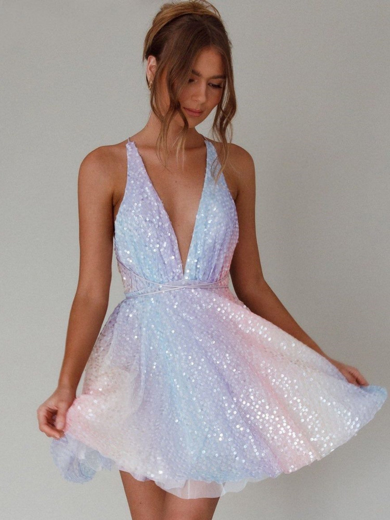 Sequins Bow Tie Deep V-neck Suspenders Backless Mini&Short Dresses
