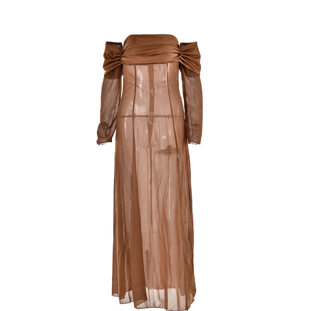 Long sleeve off shoulder ruched see through mesh maxi dress- Final Sale