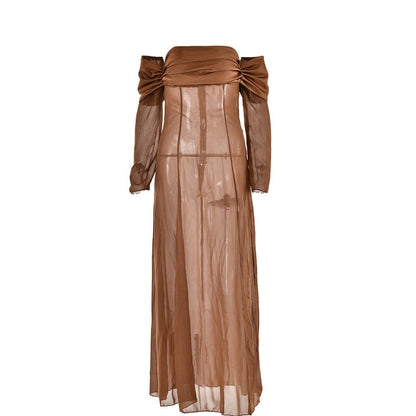Long sleeve off shoulder ruched see through mesh maxi dress- Final Sale