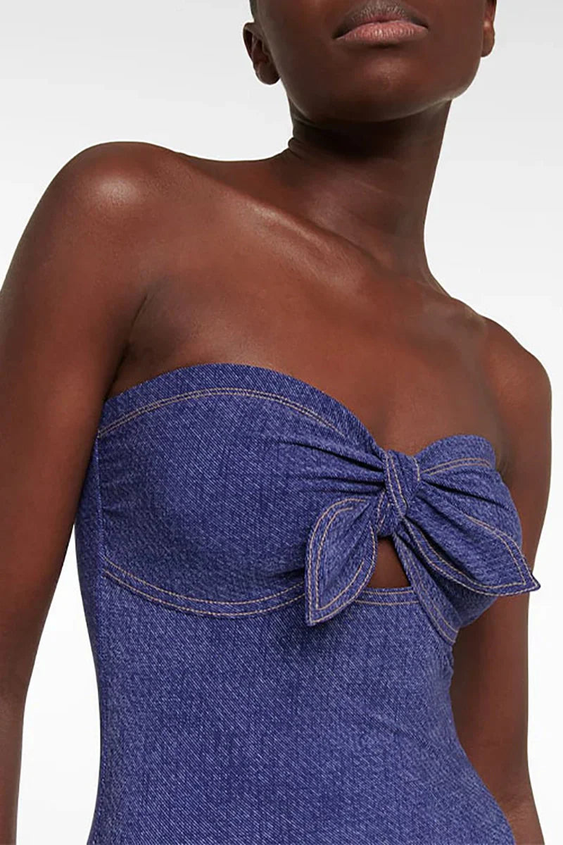 Denim Bandeau One Piece Swimsuit Set